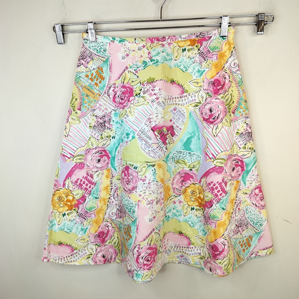 Chadwicks A-Line Skirt 10 Floral Parisian Print Colorful Cotton Cottagecore